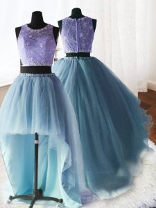 Fashion Three Piece Scoop Baby Blue Sleeveless Brush Train Beading and Lace and Ruffles With Train Quinceanera Dresses