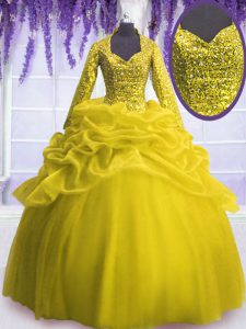 Yellow Ball Gowns Organza V-neck Long Sleeves Sequins and Pick Ups Floor Length Zipper Quince Ball Gowns