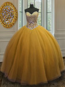 Lovely Sleeveless Tulle Floor Length Lace Up Vestidos de Quinceanera in Gold with Beading