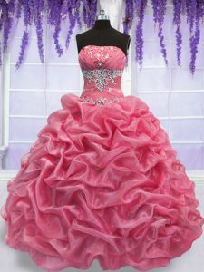 High End Rose Pink Sleeveless Organza Lace Up Quinceanera Dresses for Military Ball and Sweet 16 and Quinceanera