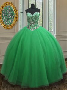 Sleeveless Tulle Floor Length Lace Up Ball Gown Prom Dress in Green with Beading