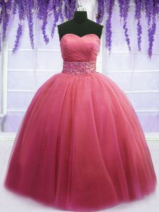 Comfortable Pink Ball Gowns Sweetheart Sleeveless Tulle Floor Length Lace Up Beading and Belt Quince Ball Gowns