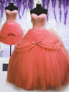 Three Piece Sweetheart Sleeveless 15 Quinceanera Dress Floor Length Beading and Bowknot Watermelon Red Tulle