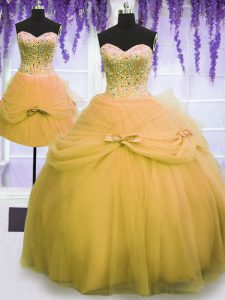 Beauteous Three Piece Tulle Sweetheart Sleeveless Lace Up Beading and Bowknot Quince Ball Gowns in Gold