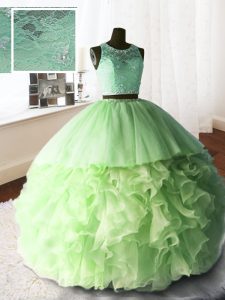 Scoop Beading and Lace and Ruffles Sweet 16 Dresses Zipper Sleeveless With Brush Train