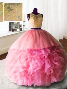 Rose Pink 15 Quinceanera Dress Military Ball and Sweet 16 and Quinceanera and For with Beading and Lace and Ruffles Scoop Sleeveless Brush Train Zipper