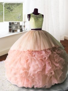Scoop With Train Baby Pink Quince Ball Gowns Organza and Tulle and Lace Brush Train Sleeveless Beading and Lace and Ruffles