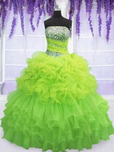 Strapless Sleeveless Quinceanera Gown Floor Length Beading and Ruffled Layers and Pick Ups Organza