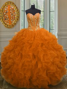 Fashionable Sweetheart Sleeveless Lace Up 15th Birthday Dress Orange Red Organza