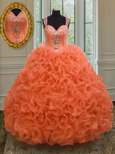 Custom Made Orange Red Organza Zipper Straps Sleeveless Floor Length Quinceanera Dress Beading and Ruffles