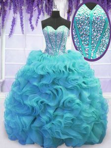 Aqua Blue Quinceanera Gown Military Ball and Sweet 16 and Quinceanera and For with Beading and Ruffles Sweetheart Sleeveless Sweep Train Lace Up