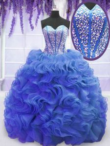 Dazzling Royal Blue Organza Lace Up Sweetheart Sleeveless Ball Gown Prom Dress Sweep Train Beading and Ruffles