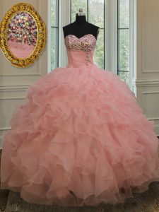Organza Sweetheart Sleeveless Lace Up Beading and Ruffles Quinceanera Gown in Watermelon Red