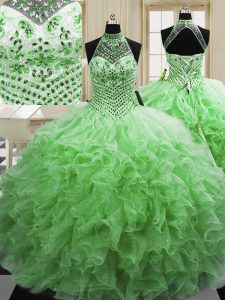 Tulle Halter Top Sleeveless Lace Up Beading and Ruffles 15 Quinceanera Dress in