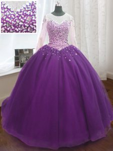 Admirable Scoop Sequins Purple Long Sleeves Organza Sweep Train Lace Up 15 Quinceanera Dress for Military Ball and Sweet 16 and Quinceanera