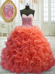 Flare Sweetheart Sleeveless Sweep Train Lace Up Quinceanera Dresses Coral Red Organza