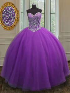 Fancy Sleeveless Floor Length Beading Lace Up Quince Ball Gowns with Eggplant Purple