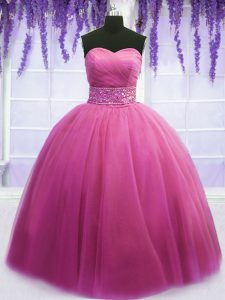 Captivating Sweetheart Sleeveless Ball Gown Prom Dress Floor Length Beading and Belt Rose Pink Tulle