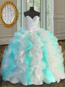 Multi-color Organza Lace Up Quince Ball Gowns Sleeveless Floor Length Beading and Ruffles