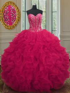 Coral Red Organza Lace Up Quinceanera Dresses Sleeveless Floor Length Beading and Ruffles