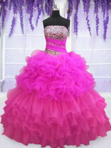 Designer Multi-color Ball Gowns Organza Strapless Sleeveless Beading and Ruffled Layers and Pick Ups Floor Length Lace Up Quinceanera Gowns