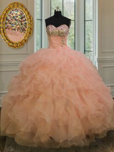 Fitting Peach Lace Up Vestidos de Quinceanera Beading and Ruffles Sleeveless Floor Length