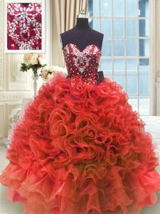 Sexy Wine Red Ball Gowns Sweetheart Sleeveless Organza Floor Length Lace Up Beading and Ruffles Vestidos de Quinceanera