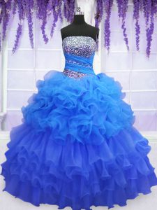 Trendy Blue Strapless Neckline Beading and Ruffled Layers and Pick Ups Vestidos de Quinceanera Sleeveless Lace Up