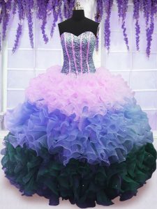Multi-color Lace Up Sweetheart Beading and Ruffles and Ruffled Layers Sweet 16 Dresses Organza Sleeveless