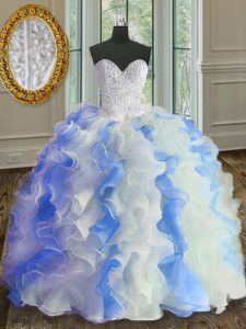 Lovely White and Blue Organza Lace Up Quinceanera Dress Sleeveless Floor Length Beading and Ruffles