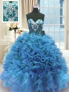 Designer Blue Sleeveless Organza Lace Up Vestidos de Quinceanera for Military Ball and Sweet 16 and Quinceanera
