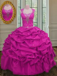 Captivating Fuchsia Ball Gowns Straps Cap Sleeves Taffeta Floor Length Lace Up Beading and Pick Ups Sweet 16 Dress