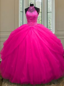 Halter Top Sequins Hot Pink Sleeveless Tulle Lace Up 15th Birthday Dress for Military Ball and Sweet 16 and Quinceanera