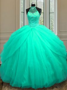 Glittering Turquoise Ball Gowns Tulle Halter Top Sleeveless Beading and Sequins Floor Length Lace Up 15 Quinceanera Dress