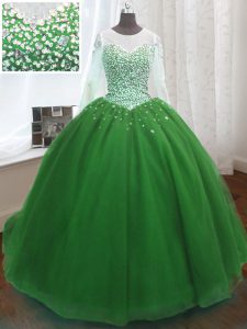 Scoop Green Organza Lace Up 15th Birthday Dress Long Sleeves Sweep Train Beading and Sequins