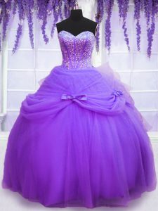 Sumptuous Sweetheart Sleeveless Ball Gown Prom Dress Floor Length Beading and Bowknot Lavender Tulle