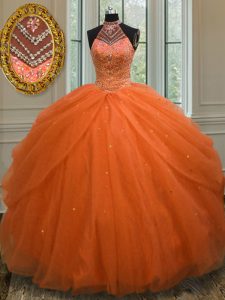 Affordable Orange Red Quinceanera Gowns Military Ball and Sweet 16 and Quinceanera and For with Beading Halter Top Sleeveless Lace Up