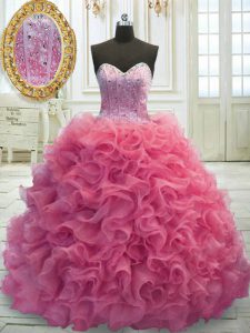 Mini Length Lace Up Vestidos de Quinceanera Rose Pink for Military Ball and Sweet 16 and Quinceanera with Beading and Ruffles Sweep Train