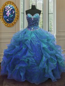 Organza and Sequined Sweetheart Sleeveless Lace Up Beading and Ruffles Quinceanera Dress in Blue