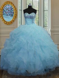 Colorful Organza Sweetheart Sleeveless Lace Up Beading and Ruffles Quinceanera Gowns in Baby Blue