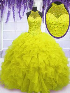 Yellow High-neck Neckline Beading and Ruffles Quinceanera Gowns Sleeveless Lace Up