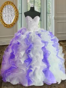 White and Purple Sweet 16 Quinceanera Dress Military Ball and Sweet 16 and Quinceanera and For with Beading and Ruffles Sweetheart Sleeveless Lace Up