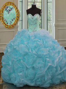 Customized Blue Ball Gowns Organza Sweetheart Sleeveless Beading and Pick Ups Lace Up Sweet 16 Quinceanera Dress Sweep Train