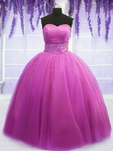 Designer Lilac Sleeveless Floor Length Beading and Belt Lace Up Vestidos de Quinceanera