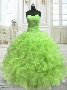Extravagant Floor Length Ball Gowns Sleeveless Yellow Green Quinceanera Gown Lace Up