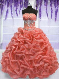 Captivating Strapless Sleeveless Organza Sweet 16 Dresses Beading Lace Up