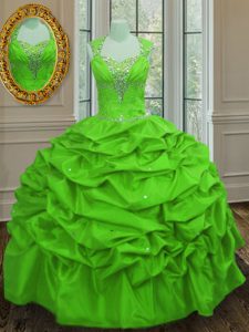 Delicate Straps Cap Sleeves Taffeta Floor Length Lace Up Quinceanera Gown in with Beading and Pick Ups