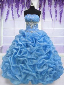 High End Sleeveless Floor Length Beading Lace Up Sweet 16 Dresses with Blue