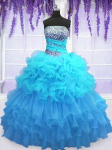 Exceptional Aqua Blue Sleeveless Floor Length Beading and Ruffled Layers and Pick Ups Lace Up Ball Gown Prom Dress