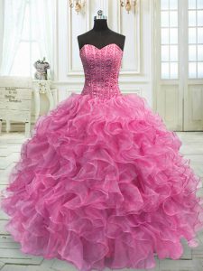 Custom Fit Sweetheart Sleeveless Lace Up Quince Ball Gowns Rose Pink Organza